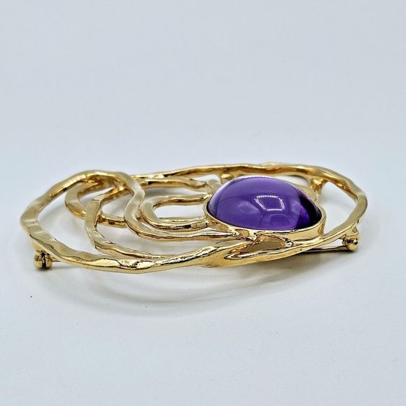 Avon Purple Cabochon Brooch Vintage Lucite Gold Tone Web Jumbo Statement Pin 3" - Picture 9 of 11